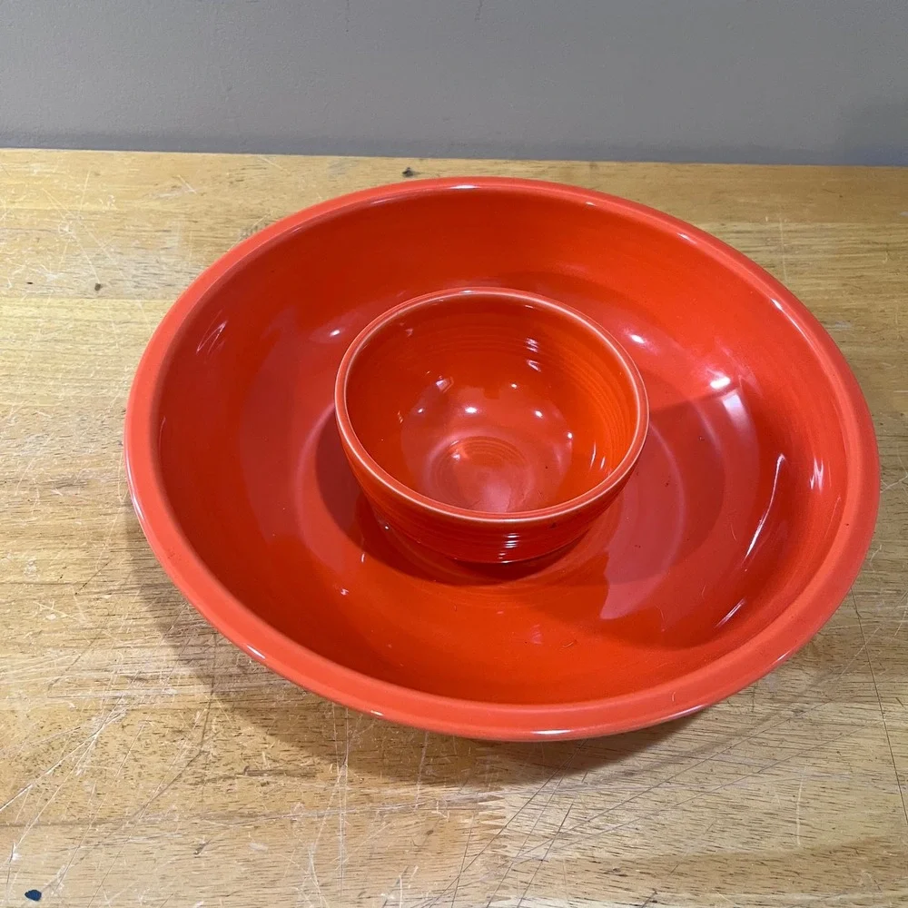 Fiesta Poppy Orange Chip and Dip Bowl Set HLC USA Mid Century Modern Serving 2pc